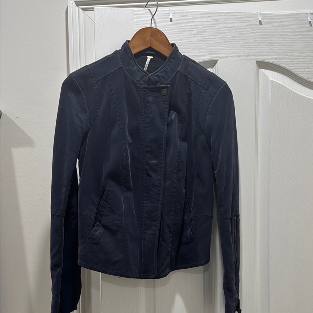 Free People Blue Tailored Blazer with Stand-Up Collar